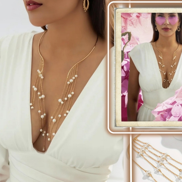 Pearl fringe necklace long open women gold chain jewelry - Picture 2 of 9